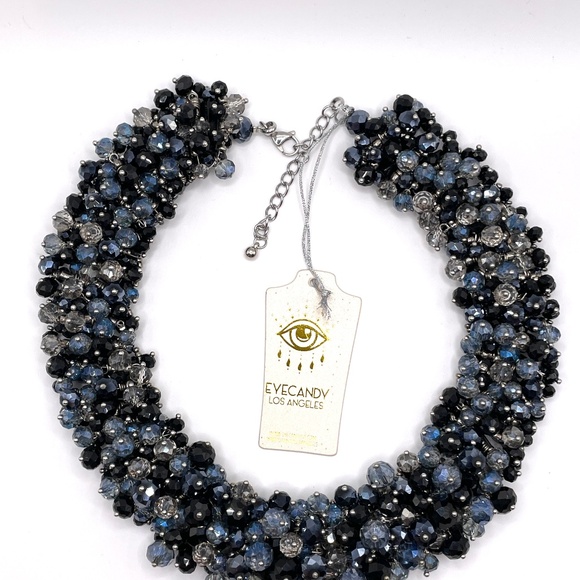 Eye Candy New Glass & Acrylic Black Blue Clear Beaded Collar Necklace - Picture 3 of 15